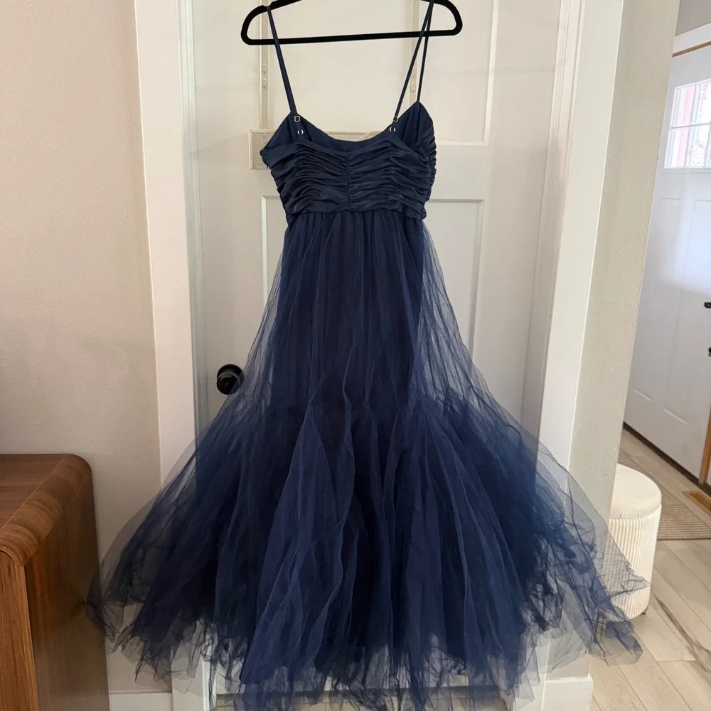 Hutch Toni Navy Blue Tulle Tiered Maxi Dress Ruched Bodice Formal Gown Size 4 - Picture 2 of 8